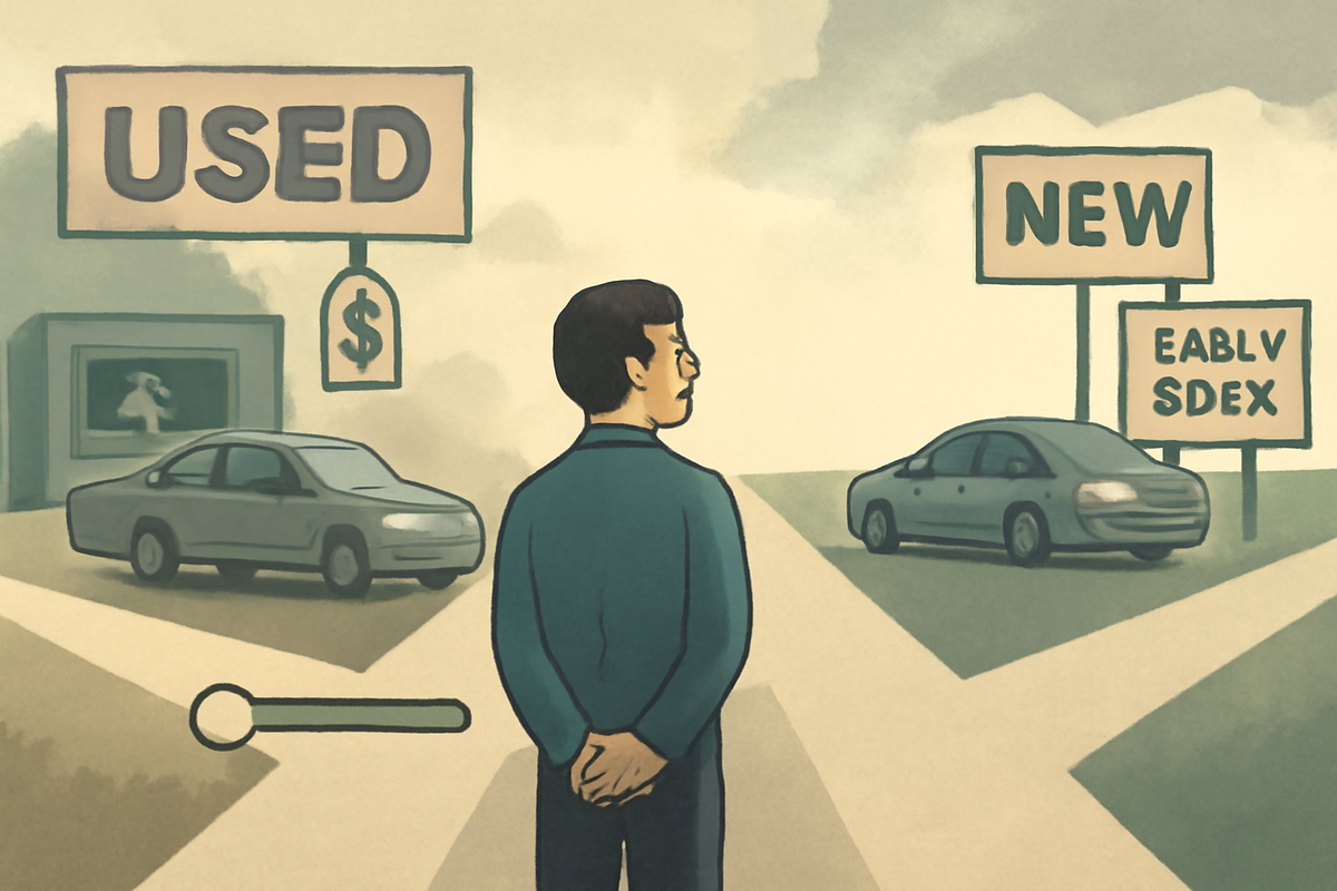 Fork-in-the-road decision—LEFT: used now with lower price tag, RIGHT: new later with stable supply—choose used vs new for Switch2—thoughtful, future-proof guidance