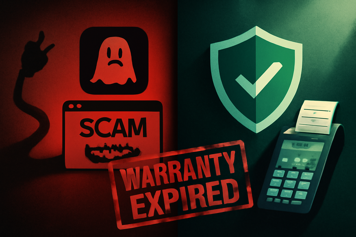 Red vs green split—scam warning and expired warranty stamp versus shield and legitimate receipt—avoid used Switch2 pitfalls and buy safely—urgent, protective clarity