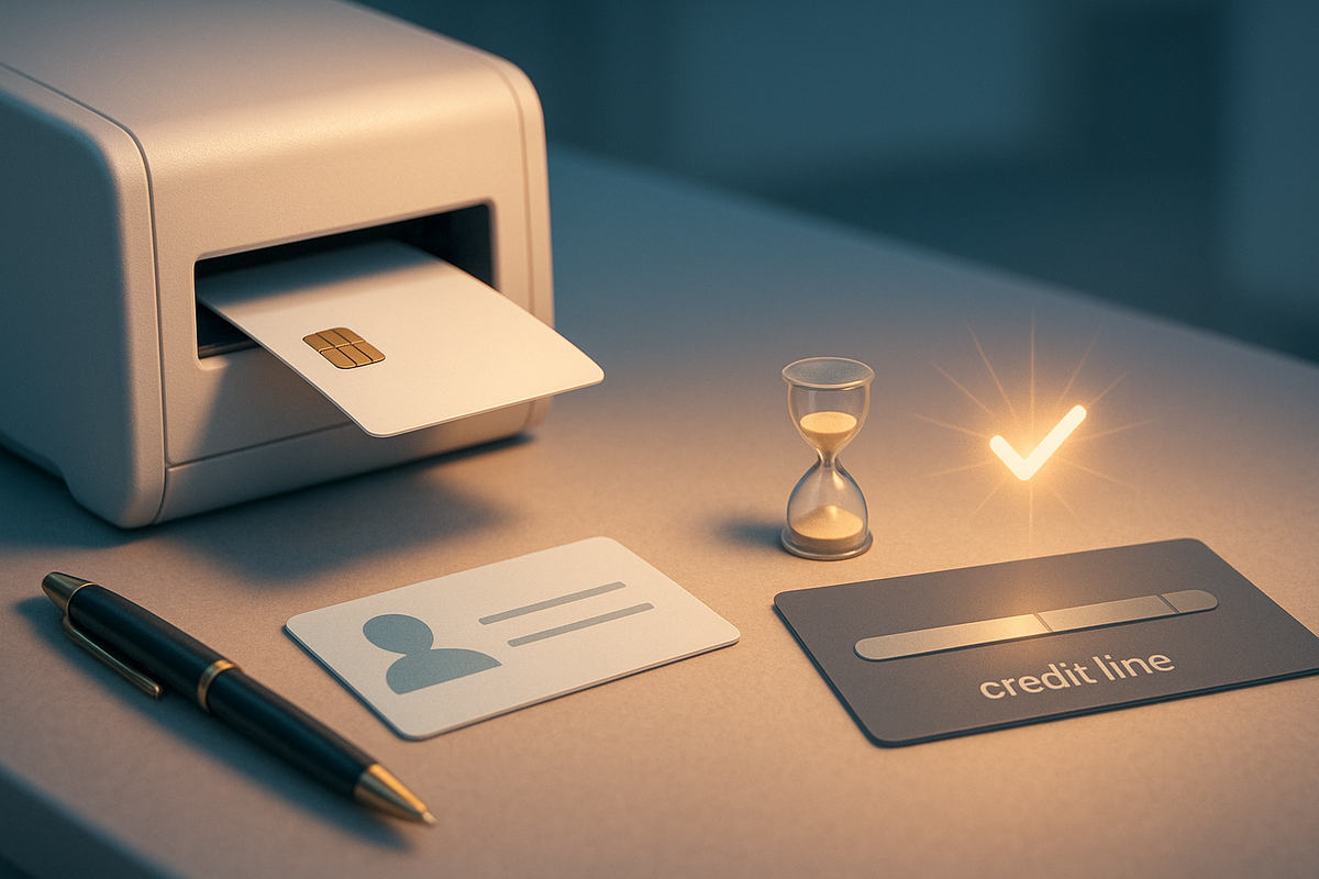 Temporary card printing beside ID, tiny hourglass, and credit-line bar—instant approval glow to buy Switch2 now, calm confidence and “go today” momentum