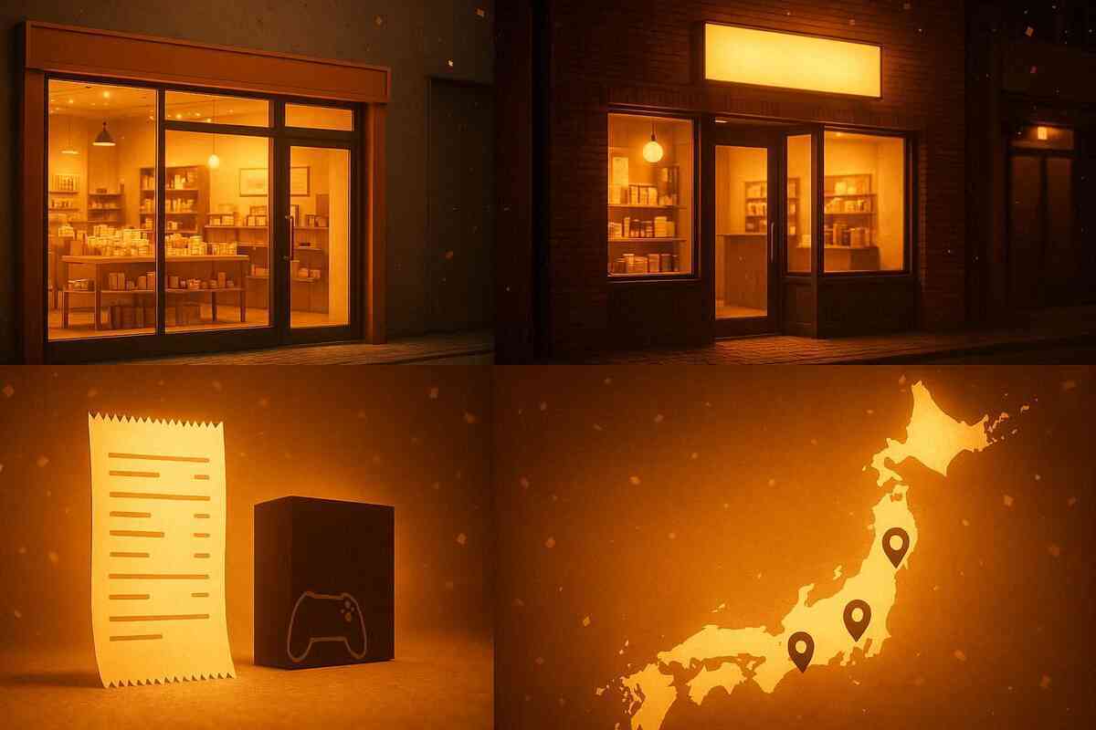 Night storefront montage, receipt and console box, Japan map pins—real buyer proof of stock across cities, warm celebratory vibe, trustworthy excitement