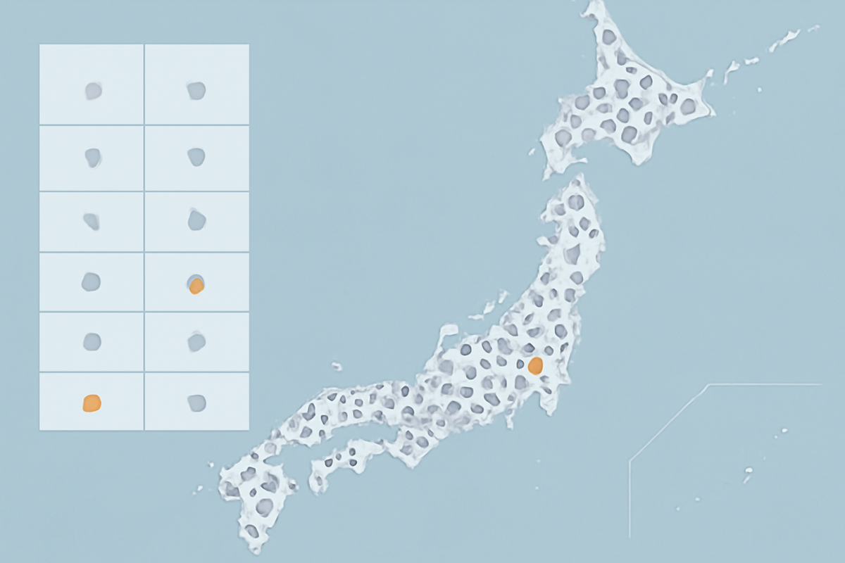 National availability heatmap—soft blue Japan dotted with stores and one bright hotspot; side calendar marks today’s drop—rare chance beacon, urgent optimism