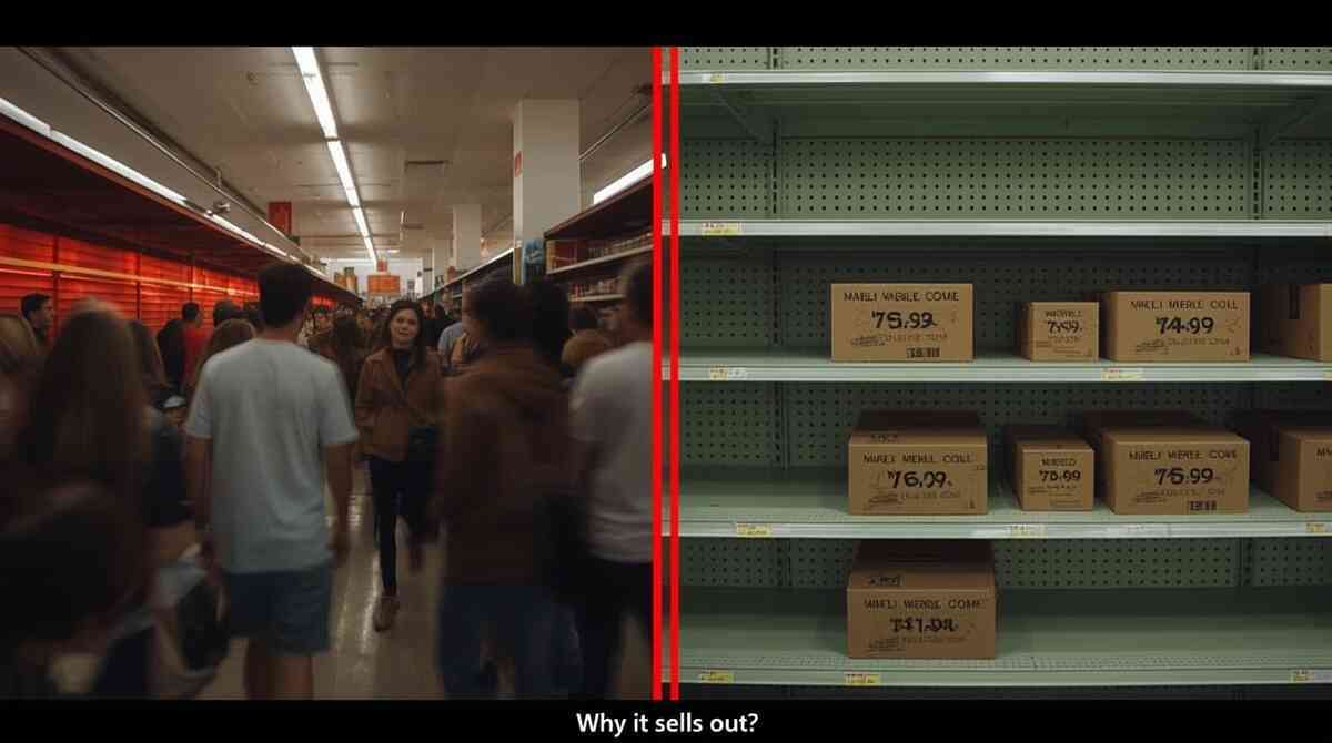 Split shelves: left empty red panic, right neatly stocked boxes—sold-out dread vs fresh arrival relief, act-now thrill with hopeful turnaround