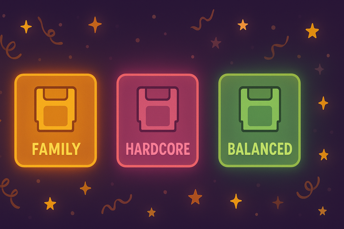 Glowing choice tiles labeled FAMILY / HARDCORE / BALANCED—pick two titles for the Switch2 Christmas bundle—playful confetti energy, celebratory mood, tailor-made fun