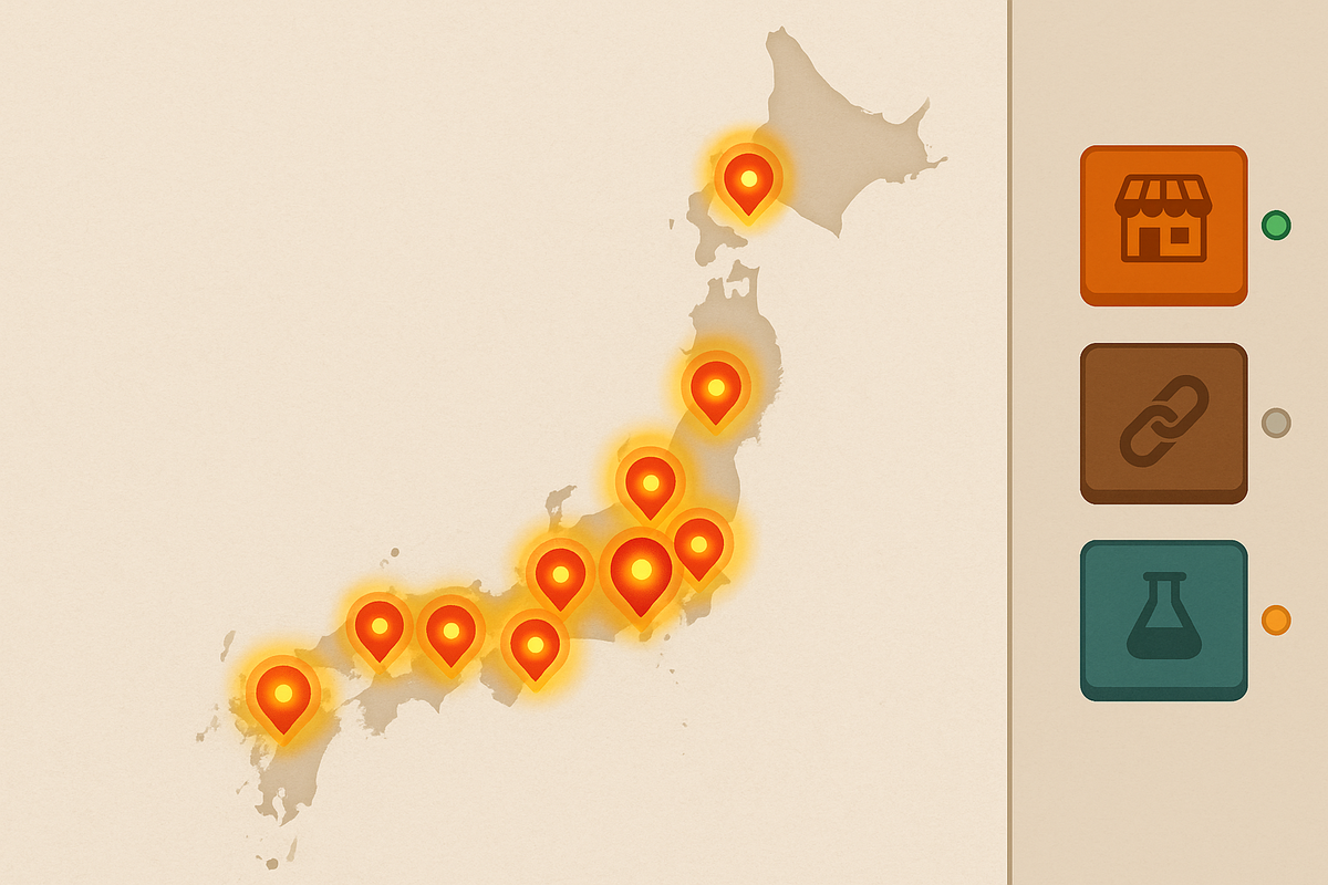 Japan map lighting up with reservation hotspots and side filters—where to secure the Switch2 set today across BicCamera group stores—go-now urgency, nationwide coverage warmth