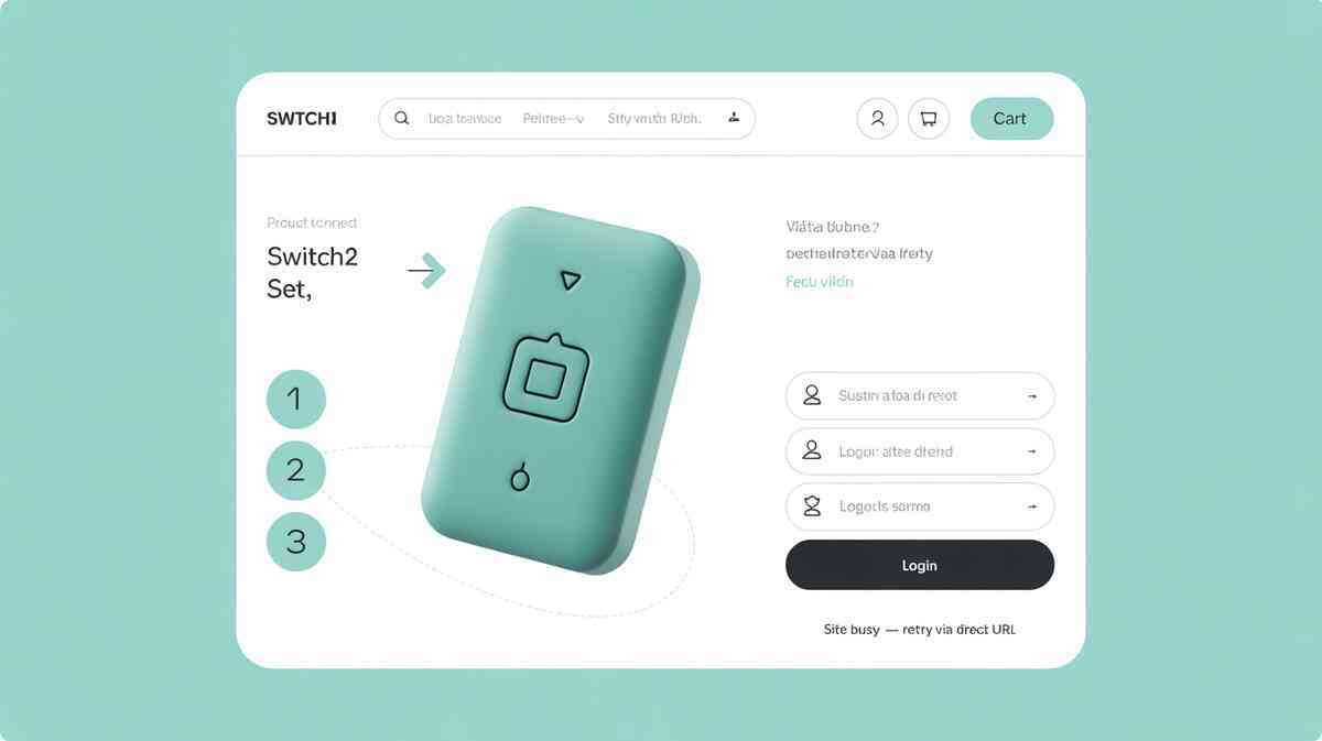 Unbranded e-commerce screen for the Switch2 set—login, step-by-step checkout, “site busy—retry via direct URL” cue—calm, confident guidance for online reservations