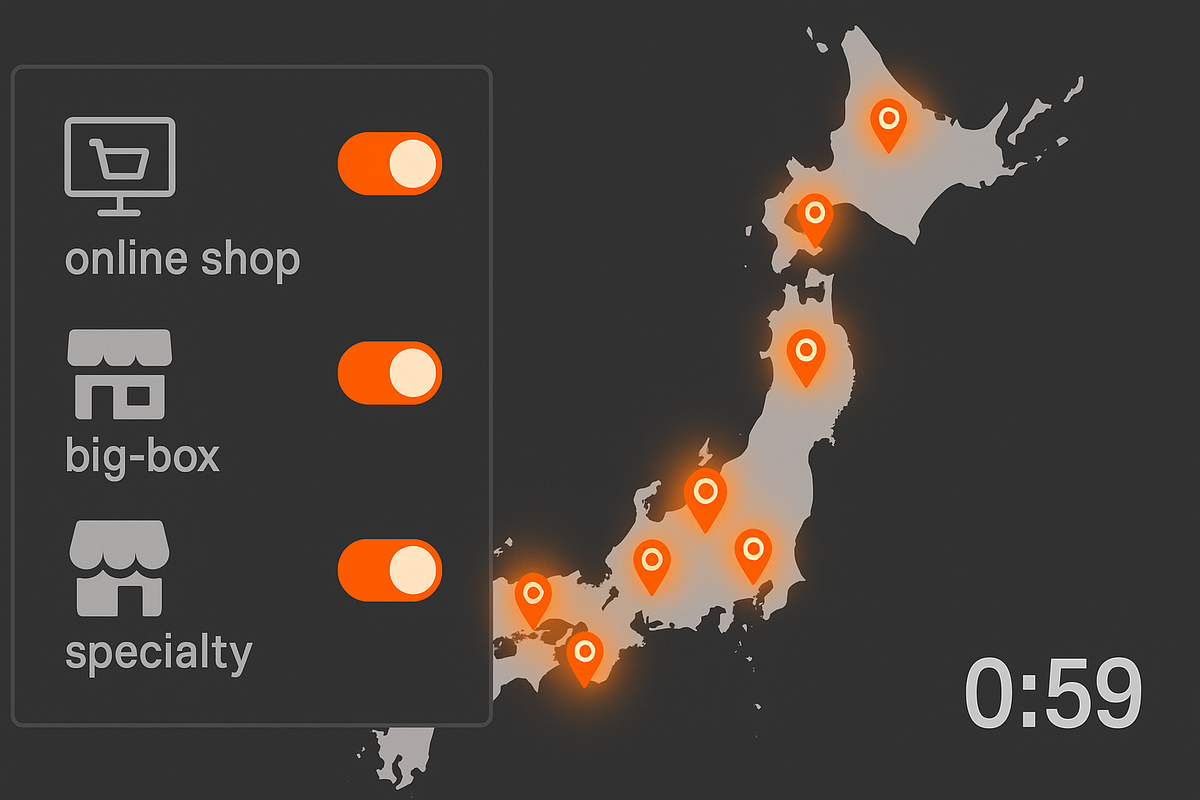 Dark Japan map glowing with store pins and three toggles on (online shop, big-box, specialty); countdown 0:59—where to reserve right now, urgent heartbeat energy, lightning decision