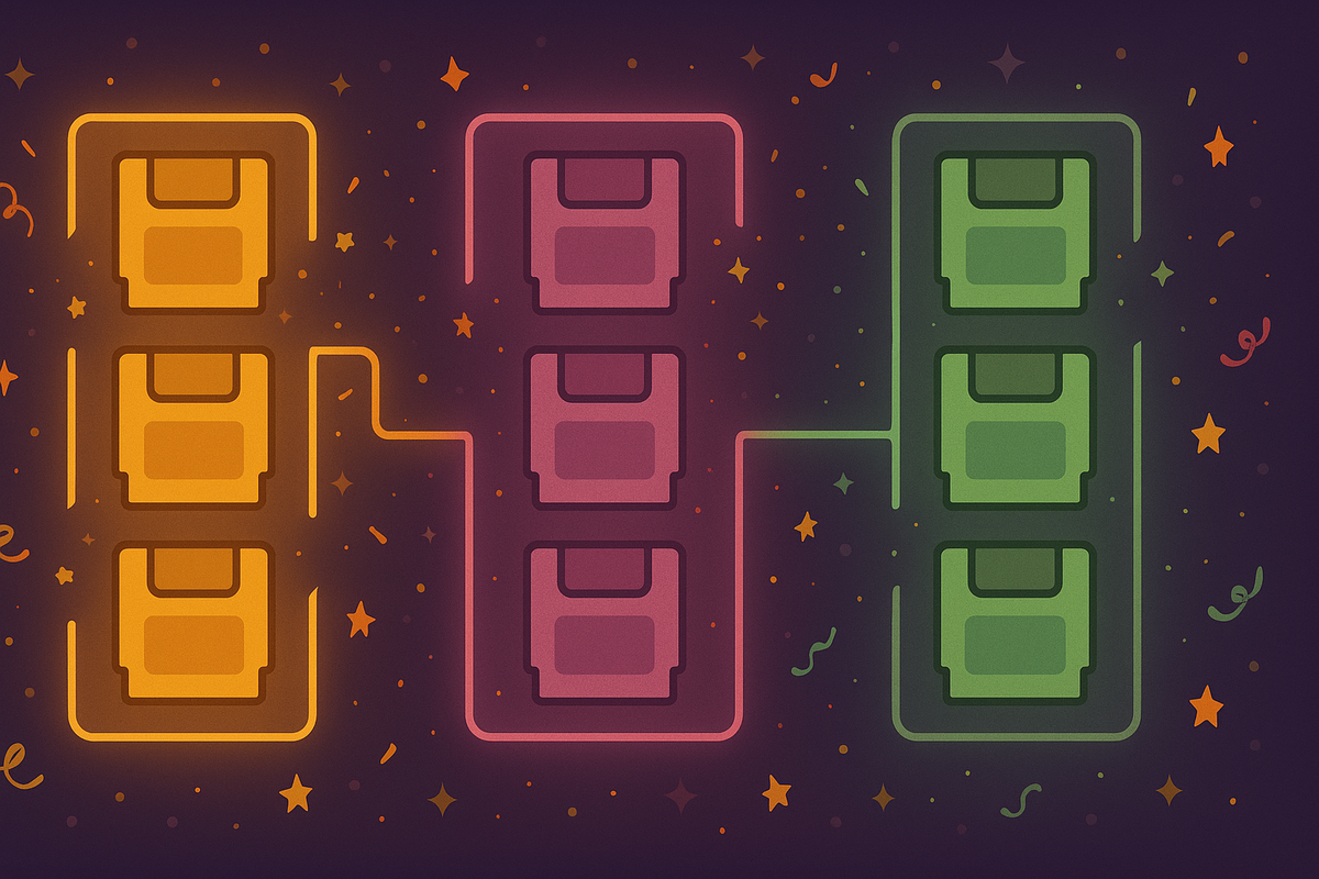 Three neon columns of game cards—Family picks, Hardcore challenge, Balanced mix—confetti party vibe; joyful guide to choosing the perfect two-game combo for the Switch2 set