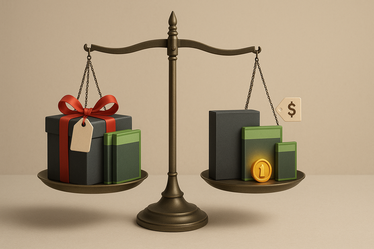 Classic balance scale weighing a ribboned bundle against separate games and coins—bundle value vs à-la-carte cost made crystal clear; calm analytics with a warm holiday glow