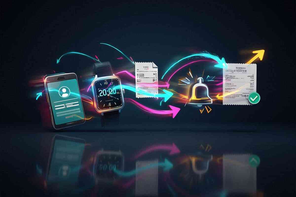 Phone and smartwatch piping neon arrows to digital receipts and an alert bell—step-by-step reservation flow, frictionless notifications, fast checkout confidence, kinetic triumph