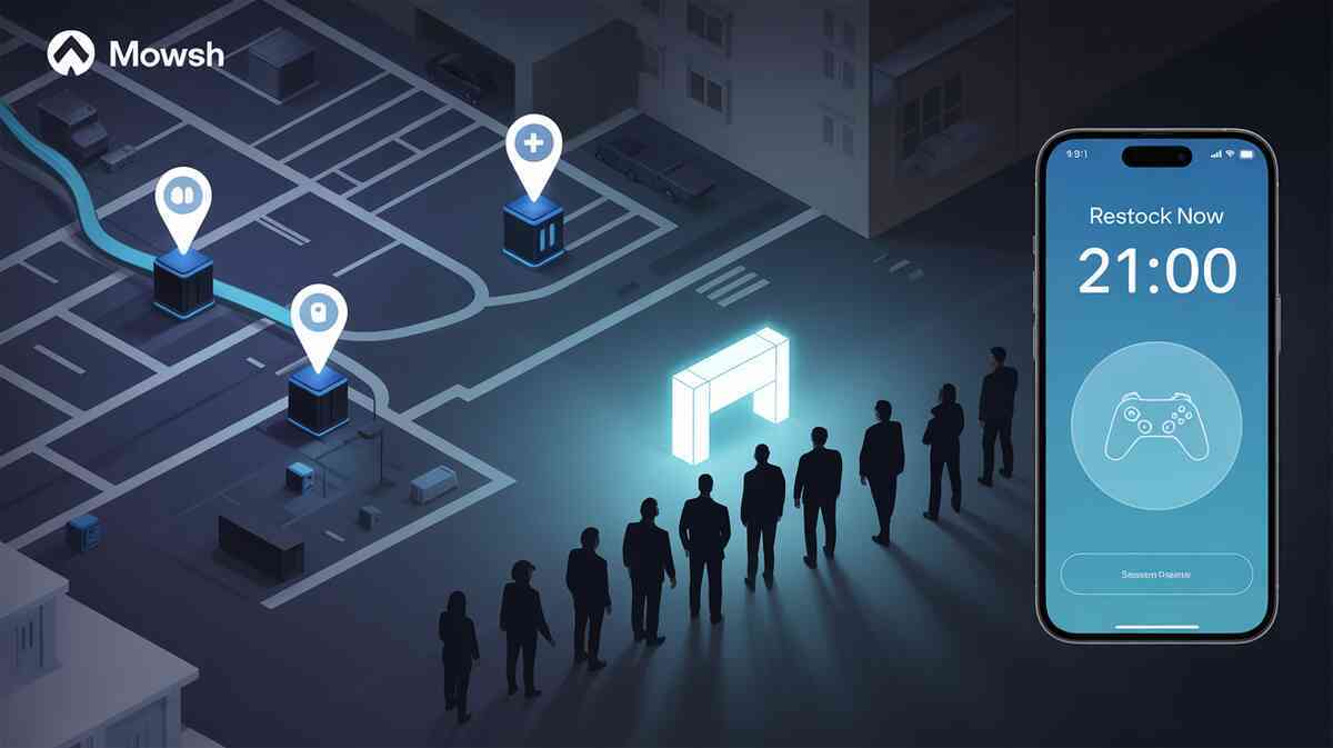 Night city map sparking with beacon pins as a quiet line forms at a glowing storefront; phone screen reads “Restock 21:00”—real-time alert magic and decisive last-minute win energy