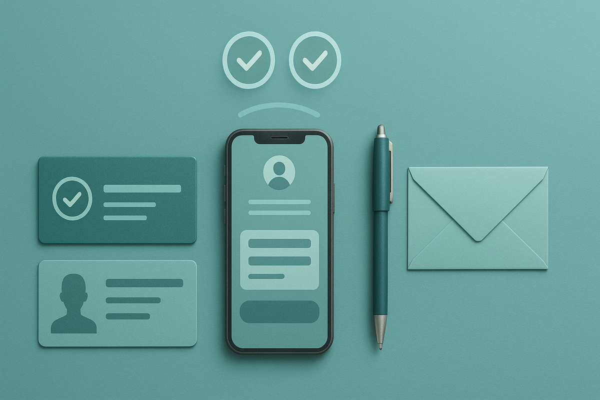 Reservation checklist at a glance—ID cards, smartphone membership screen, pen and envelope with double checkmarks—verified, prepared, smooth sign-up flow, calm confidence