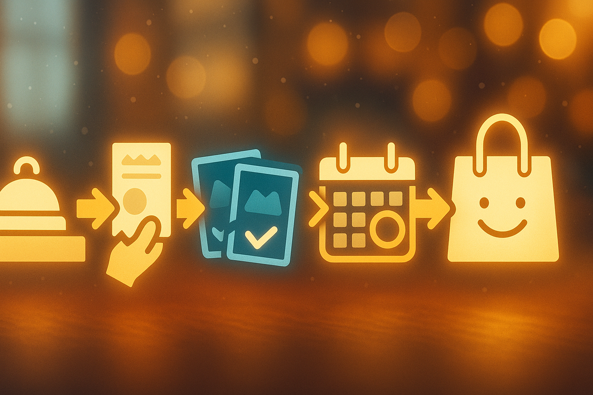 Golden step-by-step icons—service bell → ID receipt → two game choices → calendar pickup date → happy shopping bag—frictionless path to success, festive glow, action-ready clarity