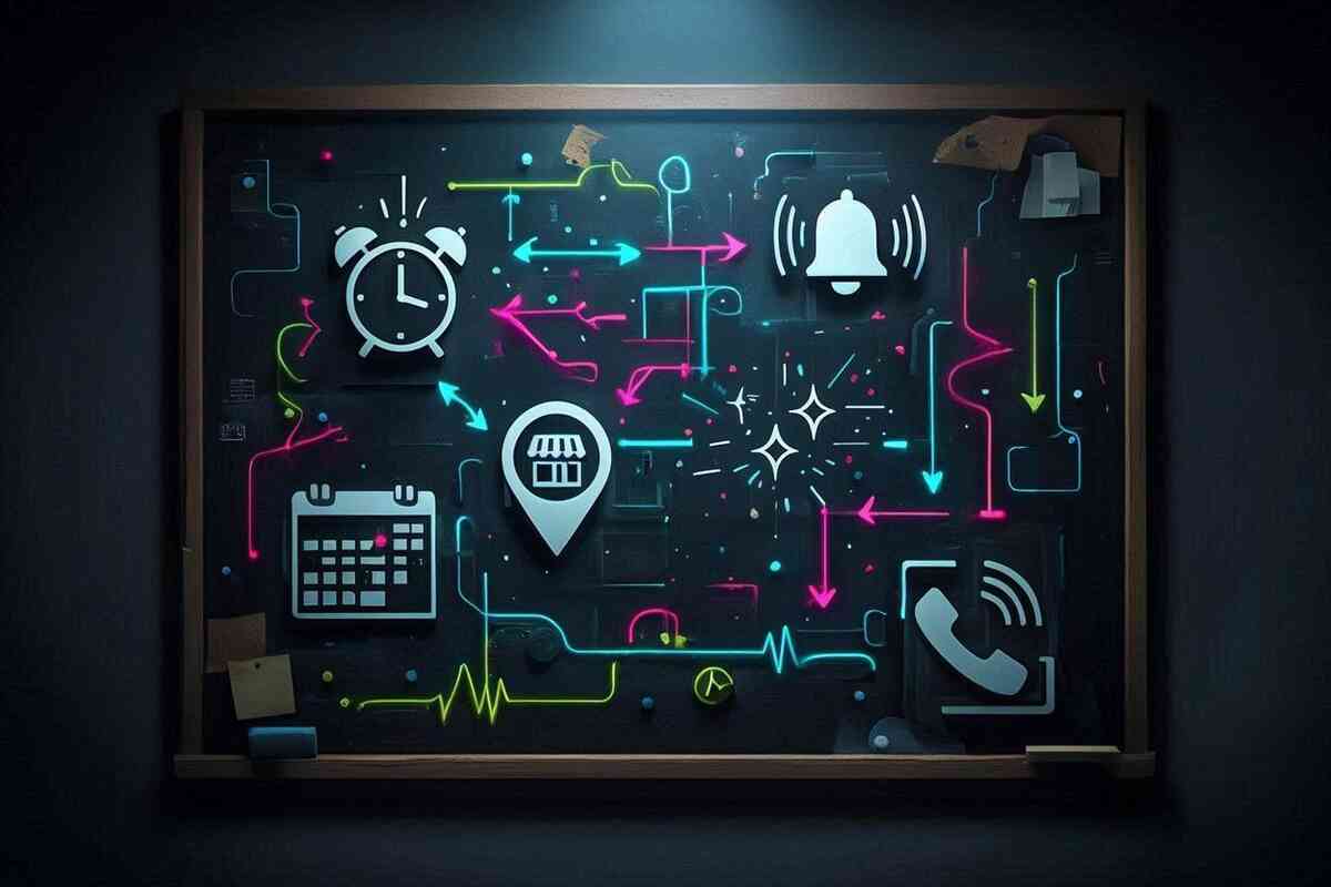 Neon war-room strategy board—alarm clock, ringing bell, store pin, calendar and phone linked by arrows—restock hunting blueprint, decisive hustle, electric victory sparks