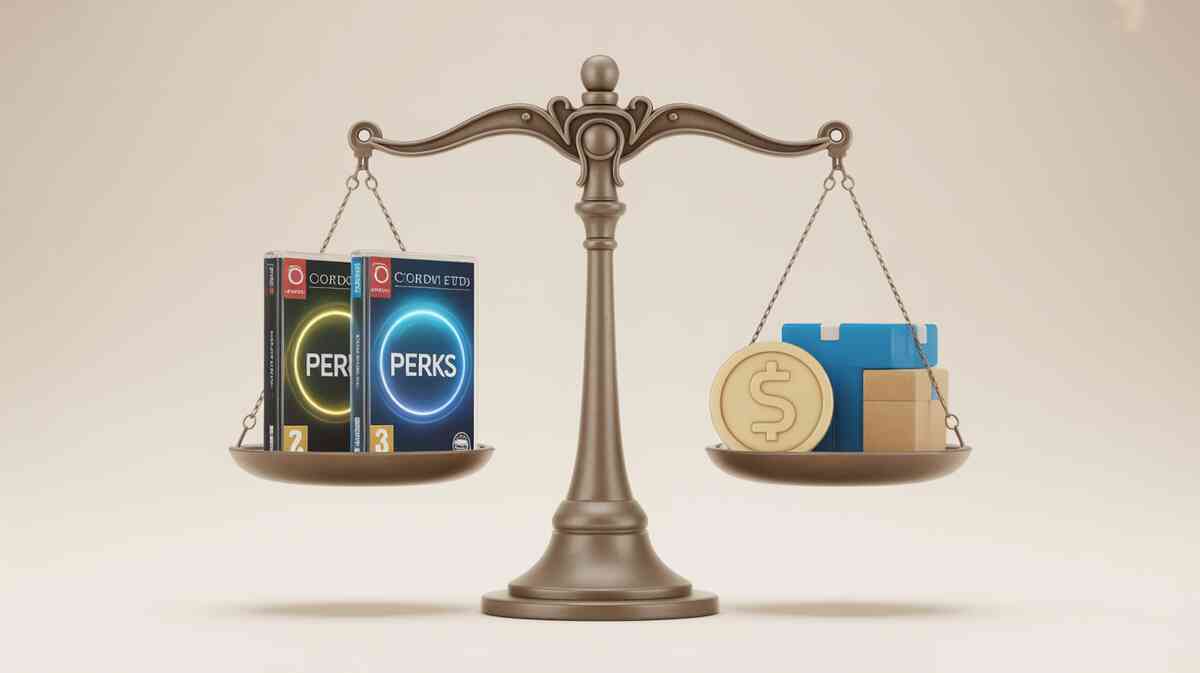 Elegant balance scale—bundle perks with two game cases outweighing coins and separate boxes—bundle wins on value, smart savings, calm satisfaction