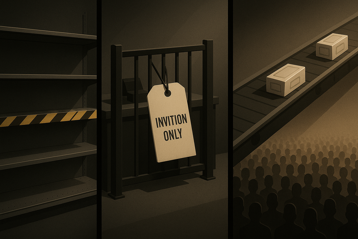 Empty shelves • “invitation only” gate • slow conveyor above a massive crowd—why Switch2 is scarce in 2025; stark scarcity vibes, sobering truth, urgent FOMO to act now