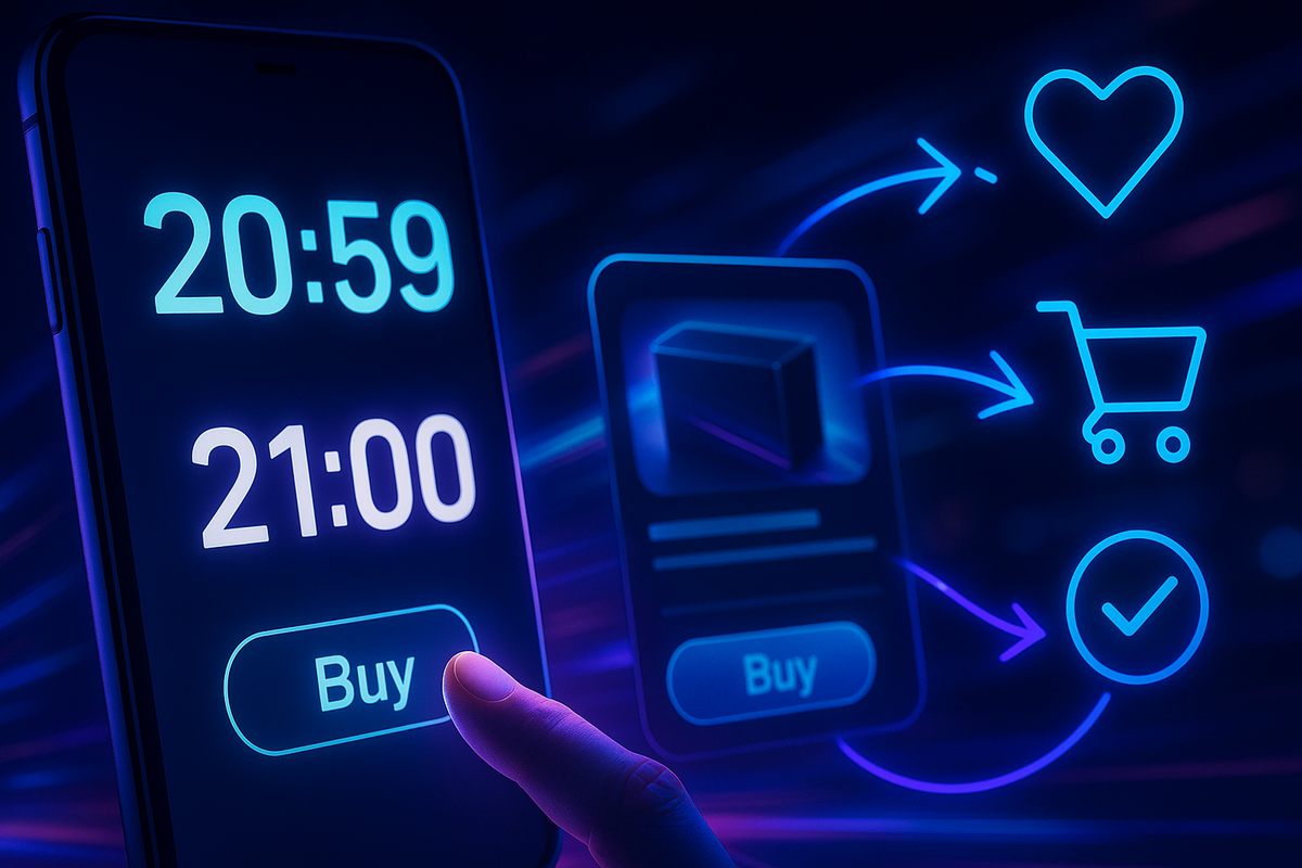 Neon 20:59 → 21:00 countdown on phone, tap BUY, product card flying to cart with heart and check icons—Friday night drop strategy for Switch2; speed, focus, heart-pounding victory