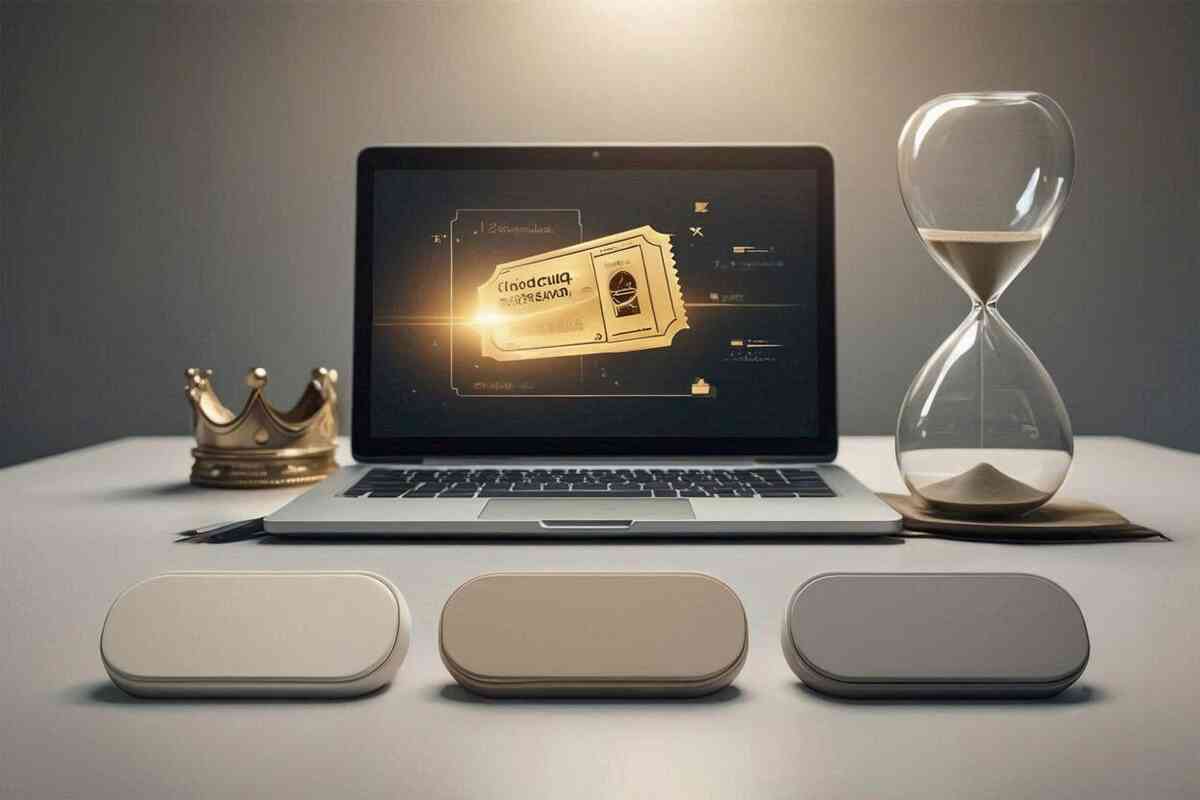 Golden invite ticket glowing on a laptop beside an hourglass and crown—invite-only sale decoded for Switch2; 72-hour window, premium hope, patient precision to win your slot