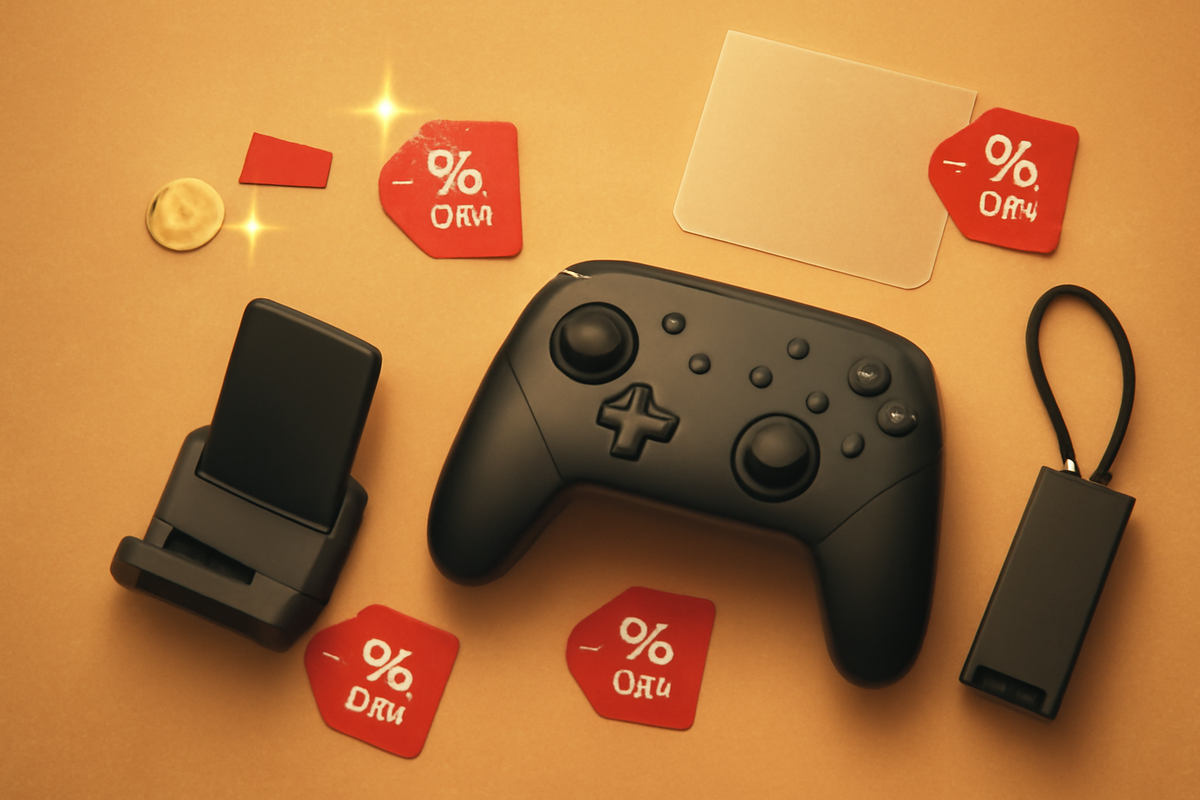 Gift-ready flat lay—controller, LAN adapter, stand, screen protector, microSD, red % tags sparkling—best Black Friday Switch2 accessories; practical joy, bundle savings, feel-good upgrade