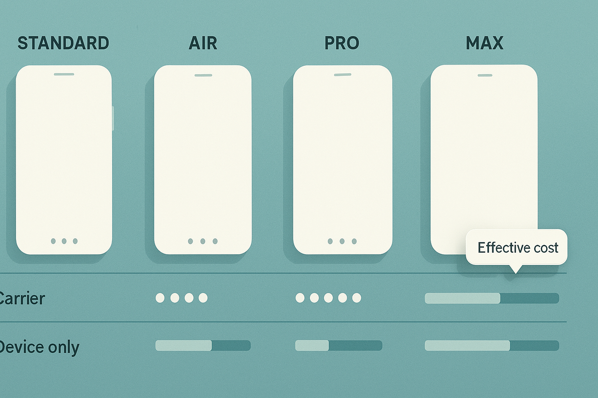 Clean lineup chart—Standard/Air/Pro/Max side-by-side with carrier vs device-only effective-cost bars—crisp, data-driven, trustworthy price clarity