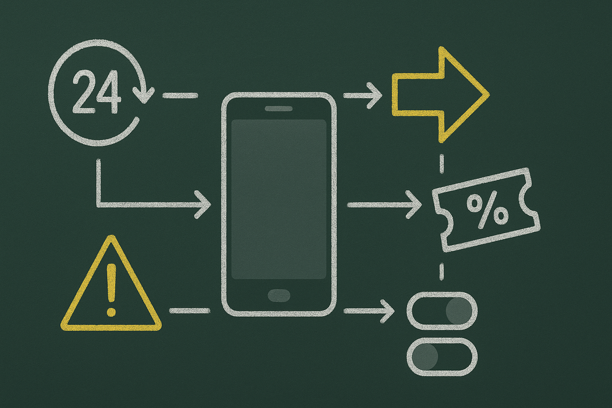 Chalkboard survival plan—24-month timeline, caution triangle, discount ticket, option toggles, arrows—avoid carrier traps, unlock bonuses, calm control