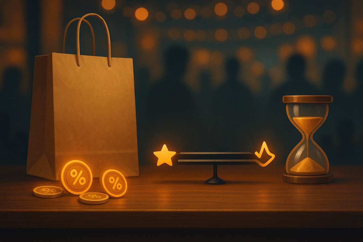 Store-points reality check—paper bag with % coins, star-vs-check balance bar, ticking hourglass—weigh rewards vs real savings, urgent yet grounded