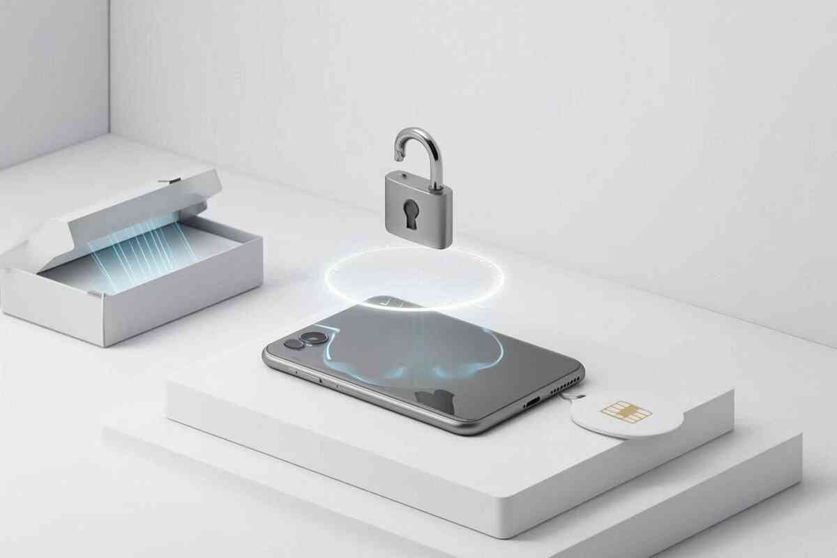SIM-free freedom—minimal phone under a floating unlocked padlock and activation aura with blank SIM—clean, secure, independent purchase vibes