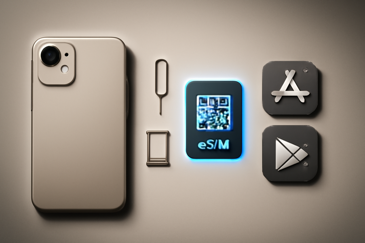eSIM quick-start flat-lay—phone, SIM-tray tool, glowing QR eSIM tile, app icons—frictionless activation steps, slick and satisfying setup confidence