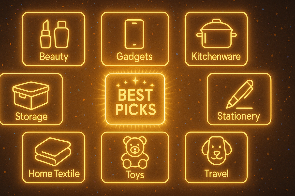 Neon category board—BEST PICKS in the center with Beauty, Gadgets, Kitchenware, Storage, Stationery, Home Textile, Toys, Travel—curated finds that spark instant inspiration