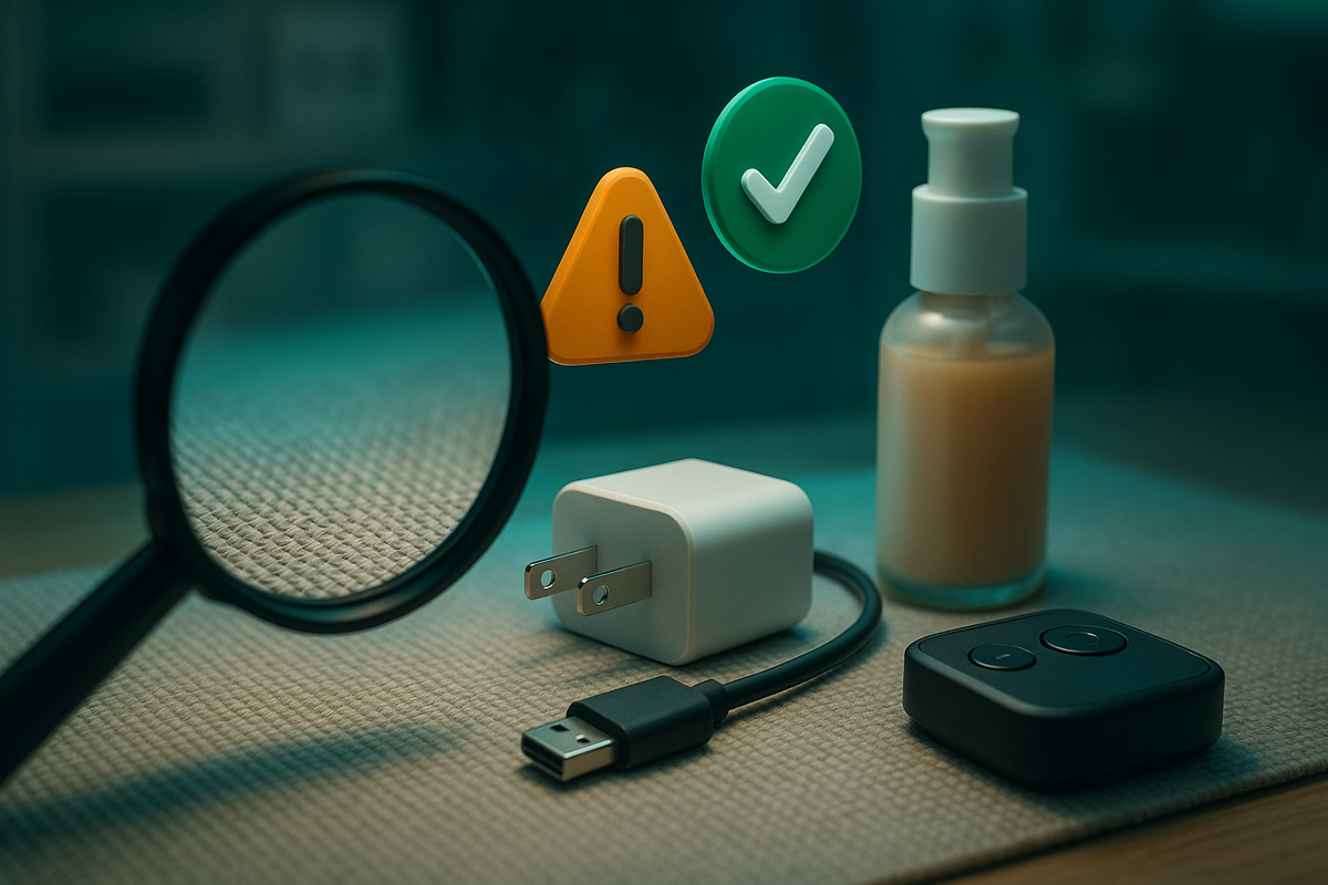 Hands-on quality check—magnifying glass over charger, cable, and skincare with warning and check icons—real testing, safe-to-buy confidence, no regrets