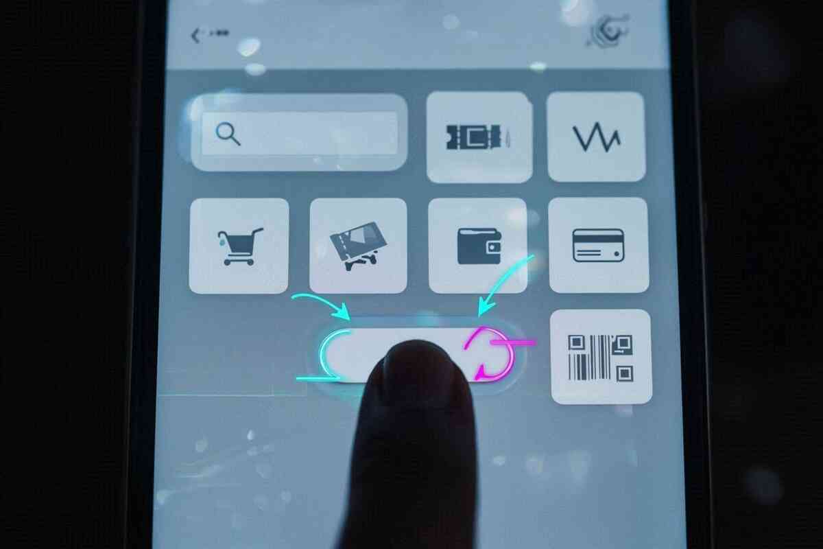 App tutorial close-up—finger enabling a glowing toggle among search, cart, wallet, barcode—auto-apply coupons on, turbo checkout, zero-friction savings