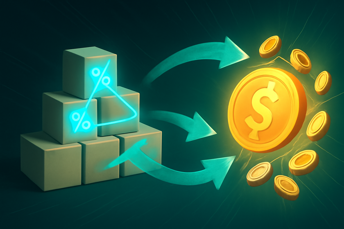 Stack-and-save diagram—pyramid of boxes with glowing % loop arrows feeding a burst of gold coins—bundle strategy, compounded discounts, thrilling payoff