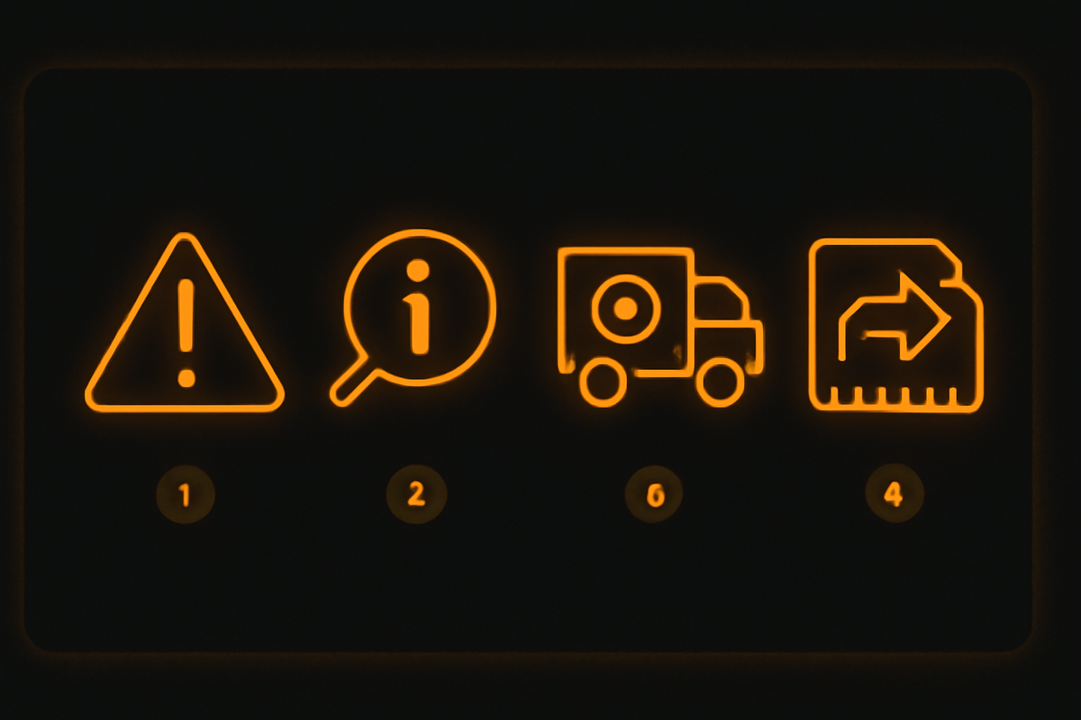 Essential safety dashboard—caution, info, delivery truck, and return icons in warm neon—avoid traps, know the details, track shipping, easy returns, stress-free haul
