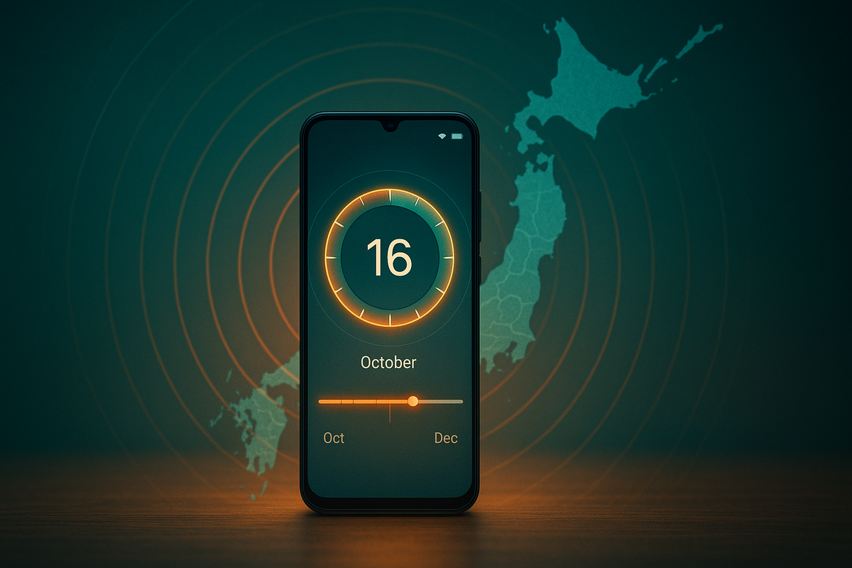 Pulsing date dial reading “16 October” on a smartphone over a Japan map—Amazon Haul Japan launch timeline, phased rollout to December, countdown urgency and nationwide buzz
