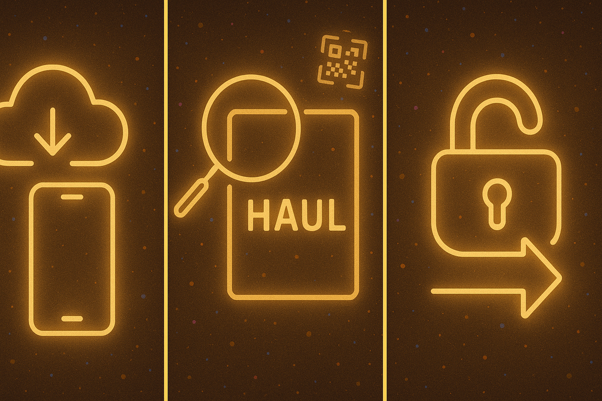 Three golden-neon panels: download the app → search “Haul” or scan QR → sign in to unlock—3-minute registration roadmap, beginner-friendly, zero-stress activation energy