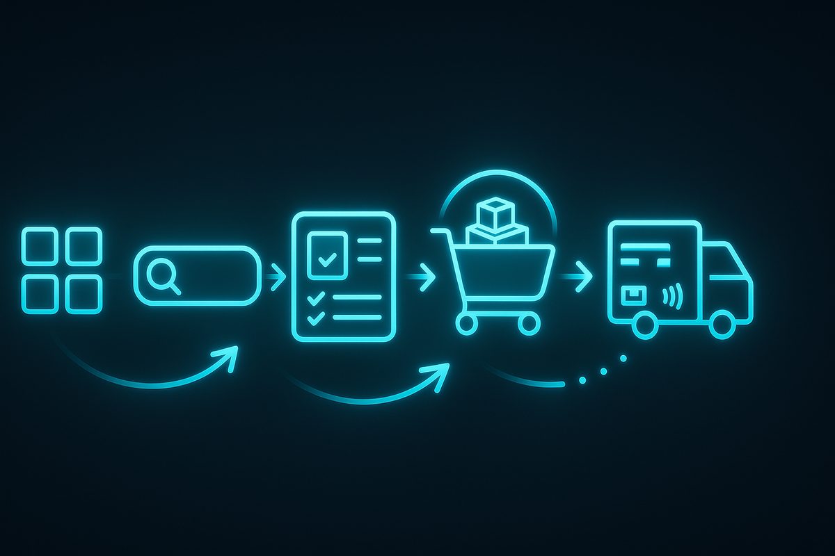 Electric blue flow: browse categories → search bar → product checklist → cart with stacked boxes → tracked delivery truck—complete how-to from discovery to doorstep, swift confidence