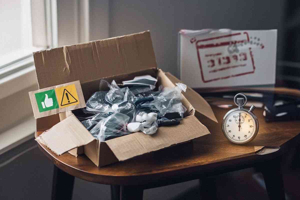 Real unboxing on a sunlit desk: mixed small gadgets in bags, stopwatch ticking, green thumbs-up and yellow caution stickers—hands-on quality check and delivery time truth, honest wins and warnings