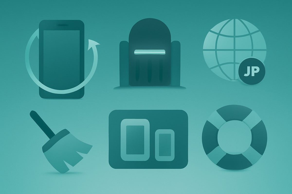 Calming teal troubleshooting kit: update app, region set to JP, clear cache, device compatibility check, lifebuoy help icon—five fixes when Haul won’t appear, gentle rescue vibe