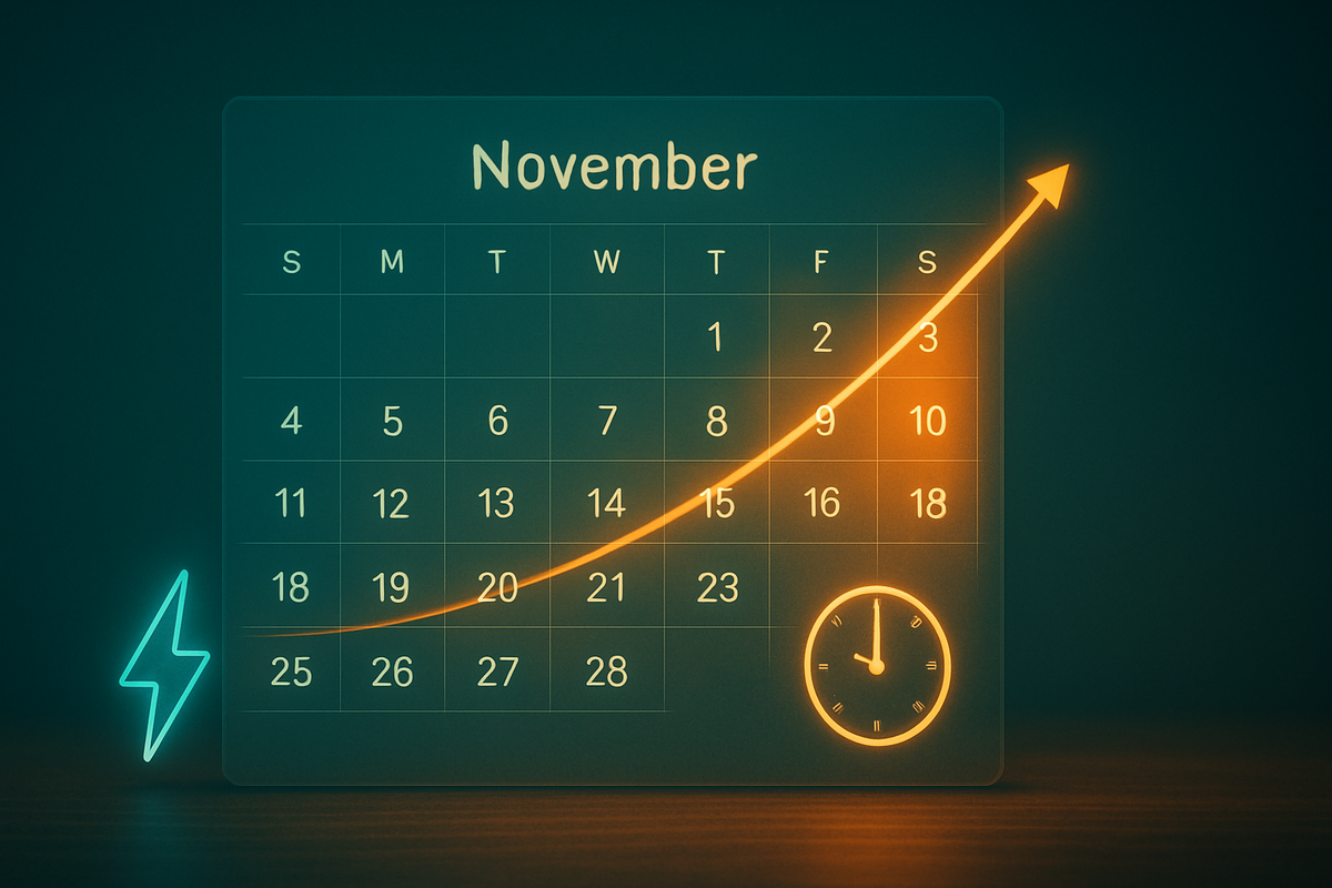 November calendar with an accelerating success curve—weekend spark and clock—data-driven proof that supply is improving and the best timing to grab a Switch2 this month
