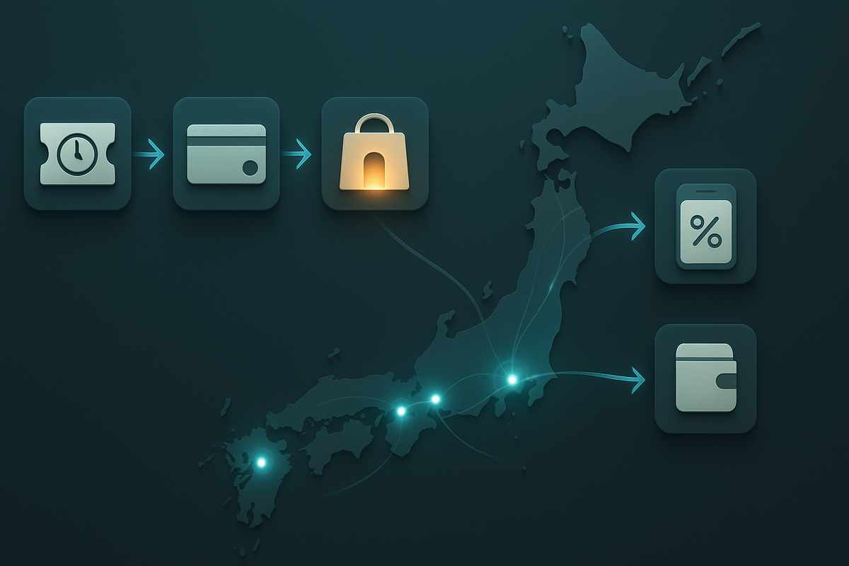 Japan map playbook—icons for 7:30 ticket, store-card rule, secure bag, % savings and wallet—city-by-city morning strategy for major electronics stores, practical and thrilling