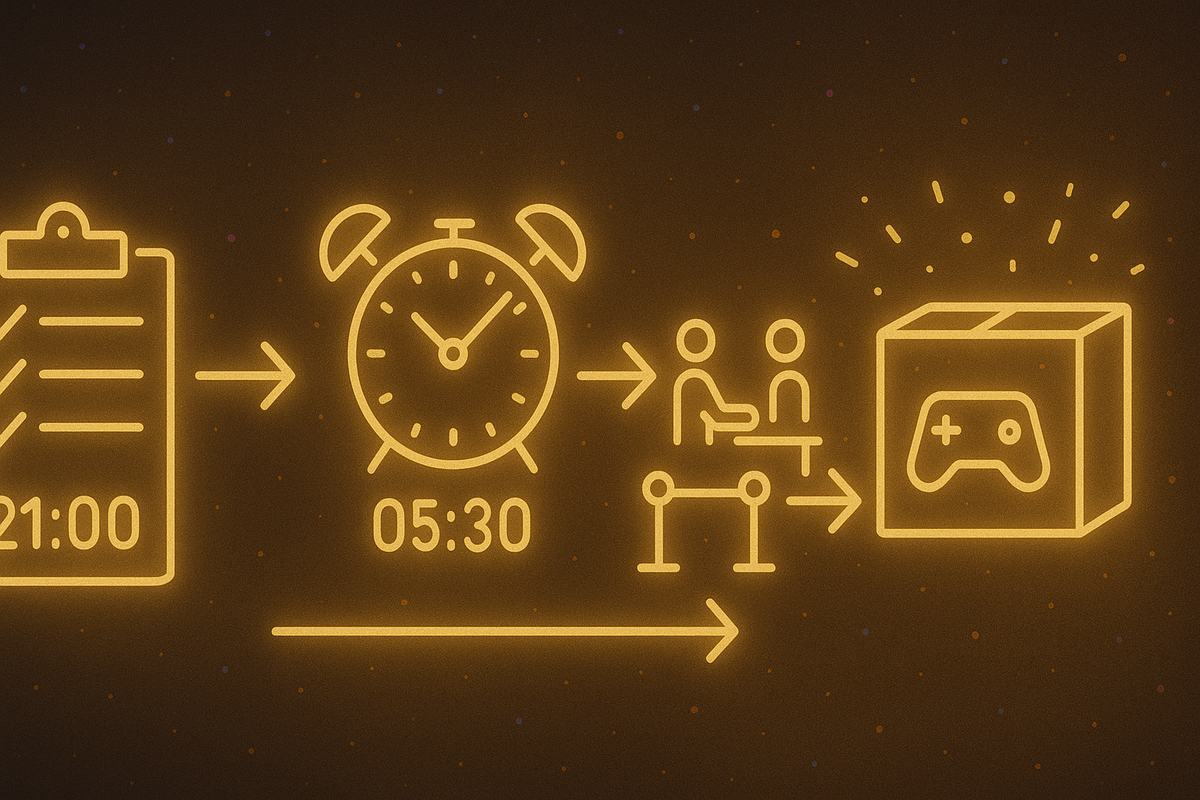Night-before checklist → 05:30 alarm → queue → ticket → open → console secured—neon timeline of the exact dawn schedule to win a Switch2, urgent yet empowering