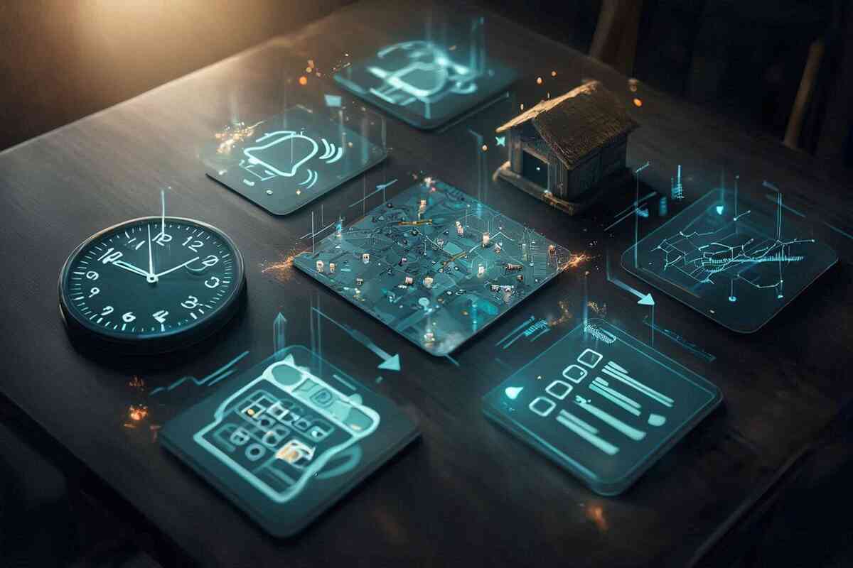 War-room desk with glowing planning widgets—alarm, alert feed, multi-store route map, budget sheet—calm tactical focus before the hunt, cinematic clarity and determined energy