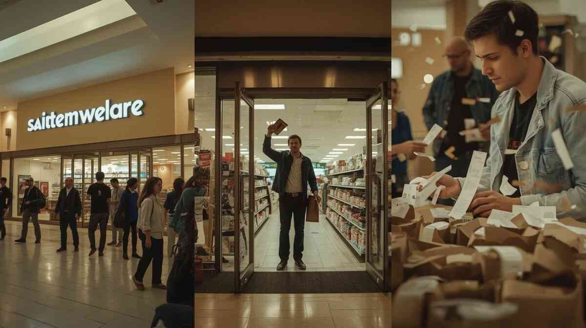 Cinematic three-panel story—line at a generic store, joyful buyer lifting the box at the doors, receipt check among bags—real victory energy proving the morning strategy works