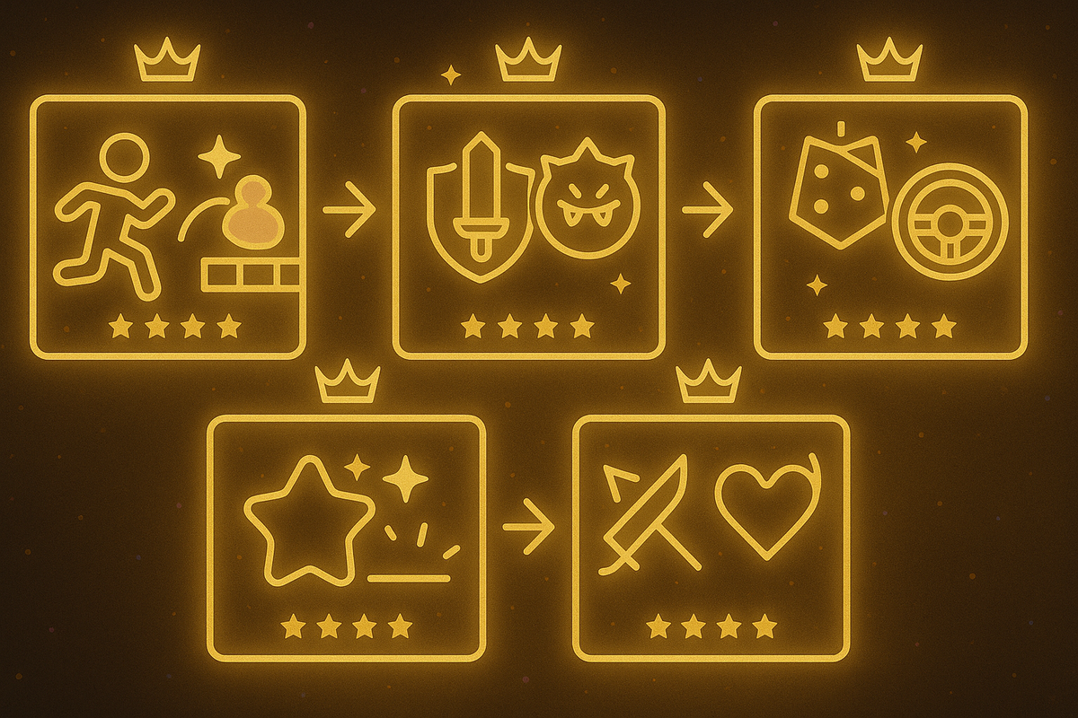 Sparkling game-pair grid—kids platformer, monster RPG, party + racing, family favorite, core action—choose the perfect two-game combo for the holiday bundle—golden excitement, playful anticipation