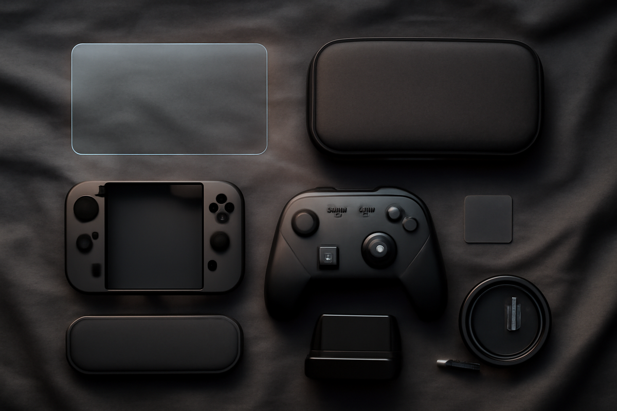 Premium day-one gear flat-lay—tempered glass, carry case, Pro-style controller, dock, charger and cables, 256GB microSD—sleek matte kit to protect and supercharge your Switch2—satisfying readiness