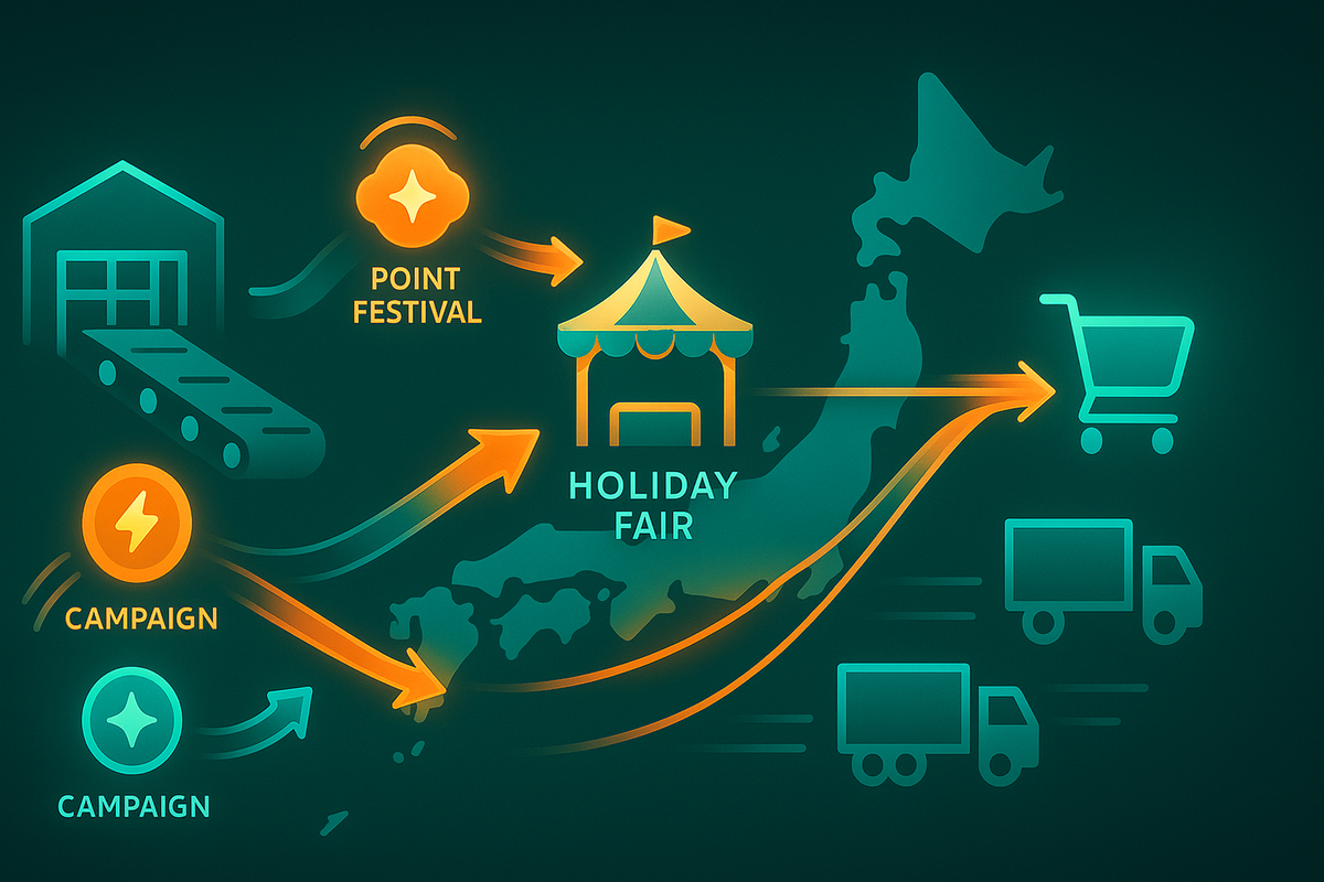 Japan supply-flow map—warehouse → holiday fair → carts, “point festival” boosts and trucks racing out—how the Christmas Fair triggers massive restocks on Rakuten Books—hopeful surge, fast momentum