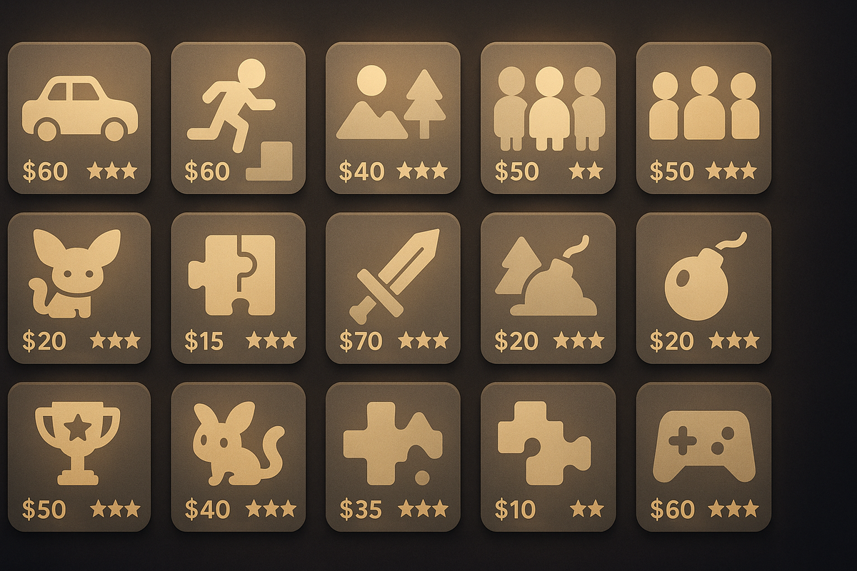 Clean grid of 15 game tiles with prices and star ratings—complete guide to Switch2 holiday bundle pairings, best values, hidden gems—warm showroom mood, confident clarity