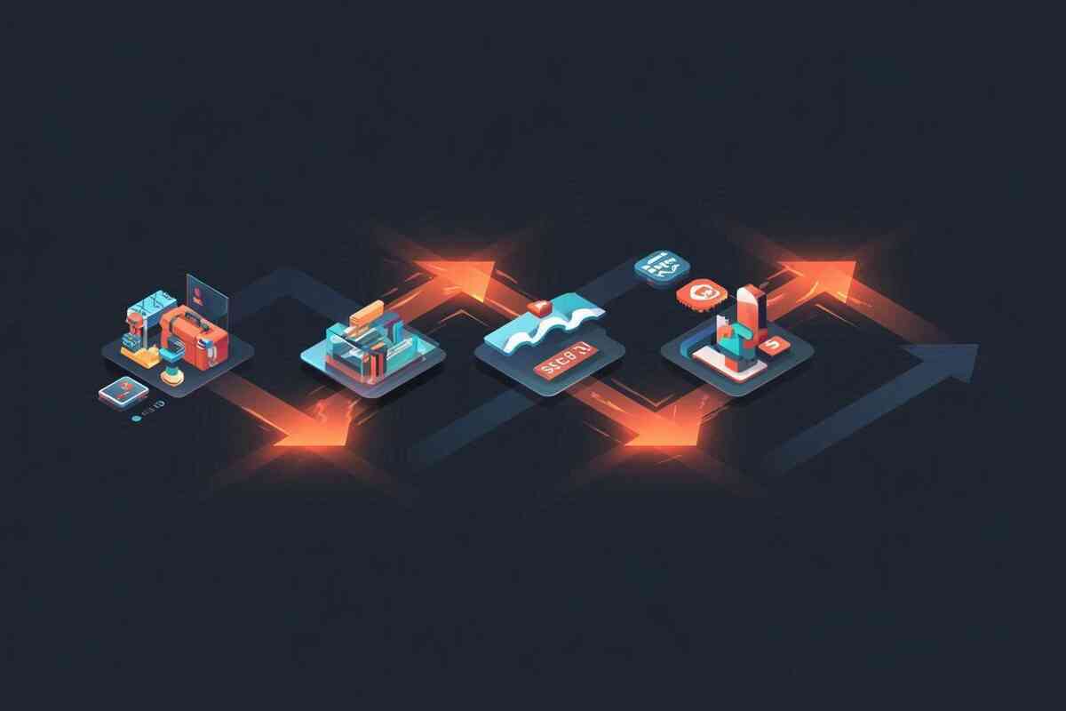 Isometric checkout playbook—device prep → product page → gate check → payment engine → success—three-wave strategy for 20:45–21:45—razor-sharp focus, victory mindset