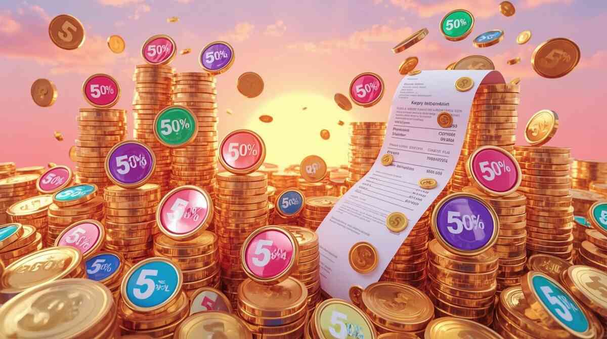 Sunrise over mountains of point coins and a flying receipt—SPU stacking + “5 and 0” day bonuses = up to 16× back—thrilling windfall vibes, golden savings storm