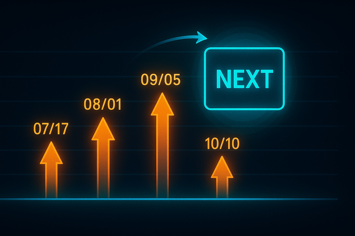 Date-stamped spike chart—07/17 → 08/01 → 09/05 → 10/10 surges pointing to “NEXT”; data-driven prophecy for the upcoming GEO Switch-2 coupon drop, thrilling anticipation