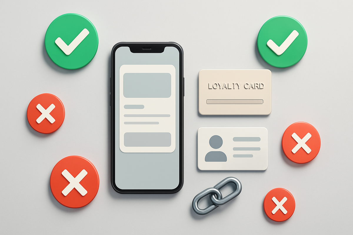 Clean eligibility checklist—smartphone app screen, loyalty card, ID card, and link icon surrounded by green checks and red Xs; calm, decisive prep to qualify for the GEO coupon with zero mistakes